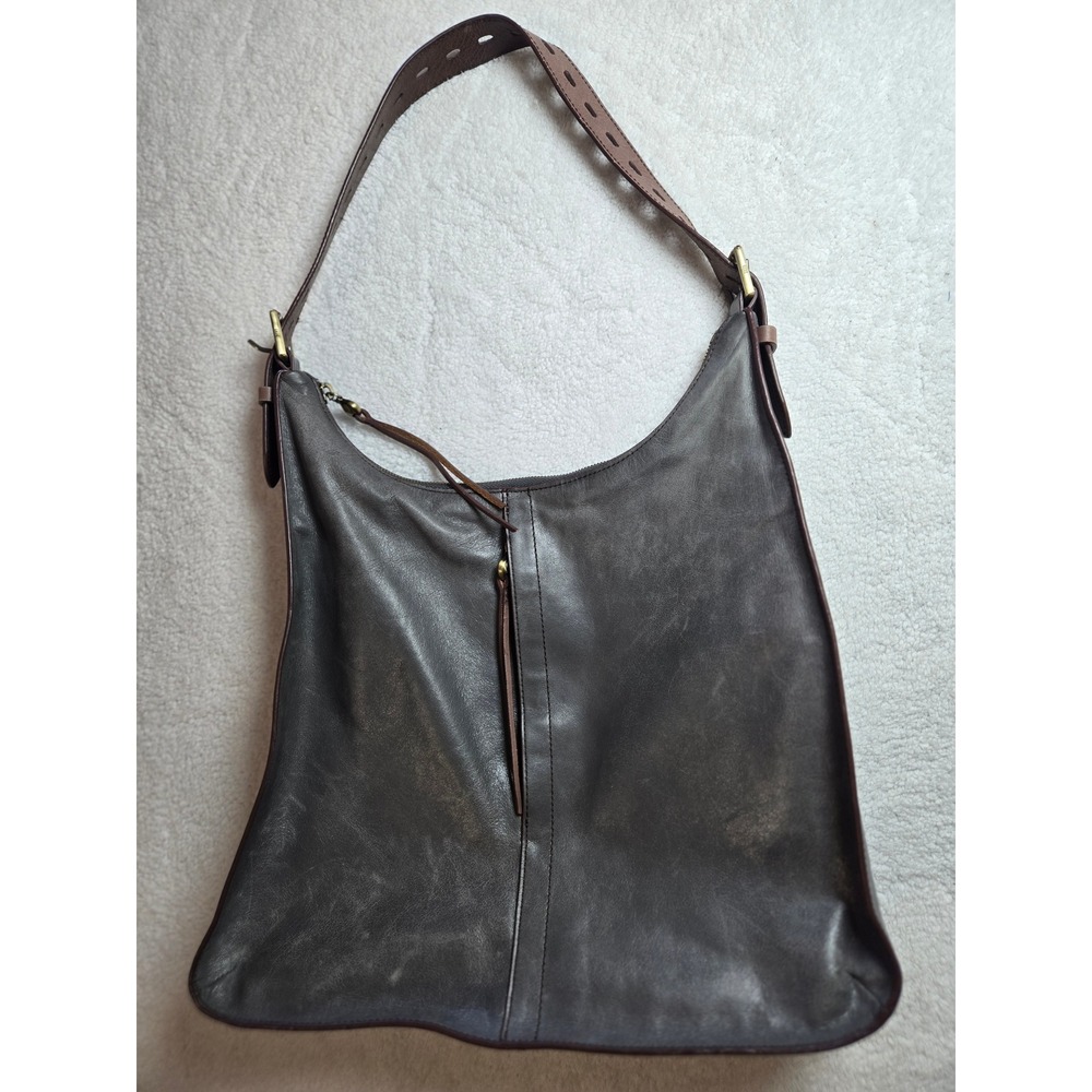 Hobo Dark Grey Distressed Leather Slouchy Shoulder Bag Brass Hardware